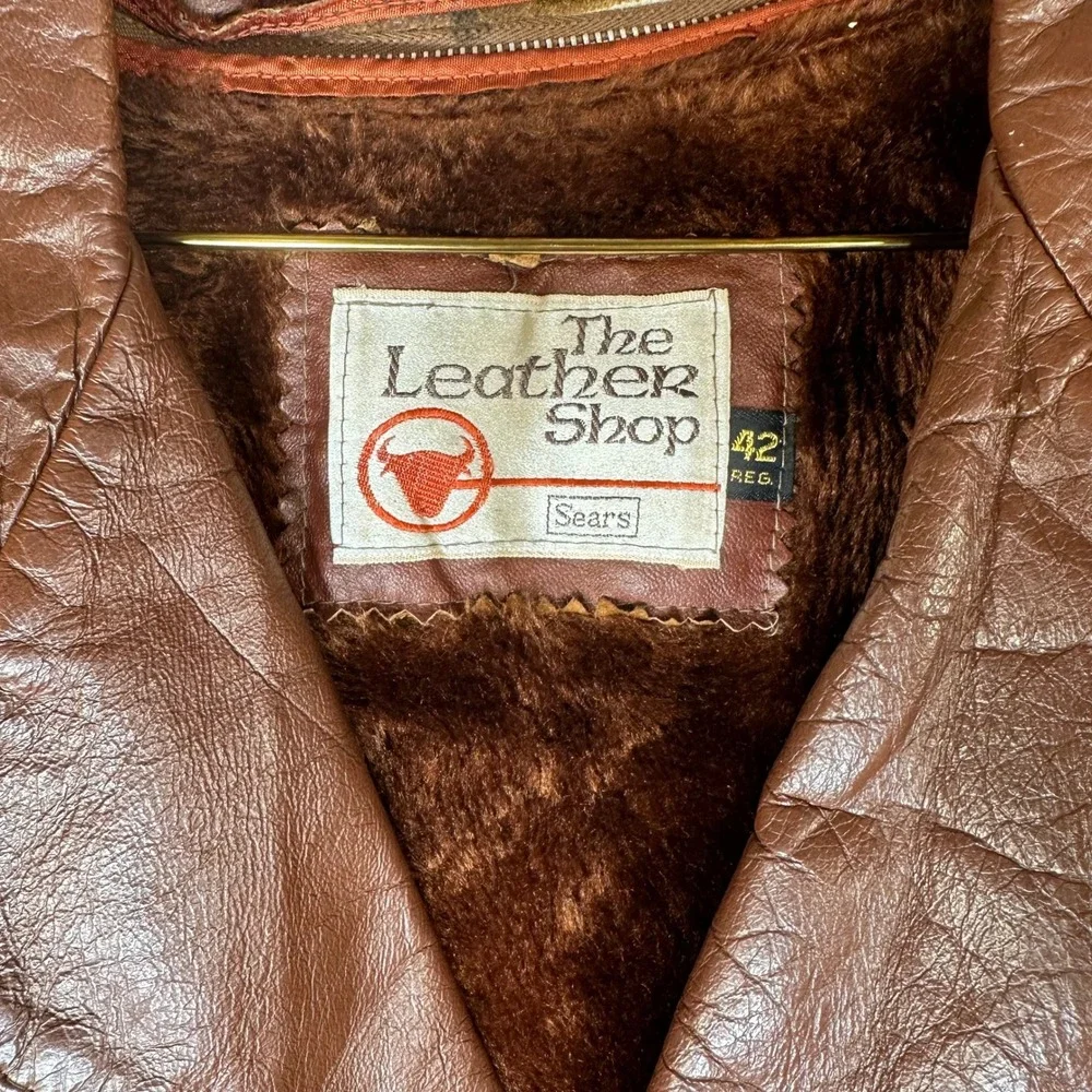 Vintage Sears The Leather Shop Brown Leather Car Coat Faux Fur Plaid Lining 42 R
